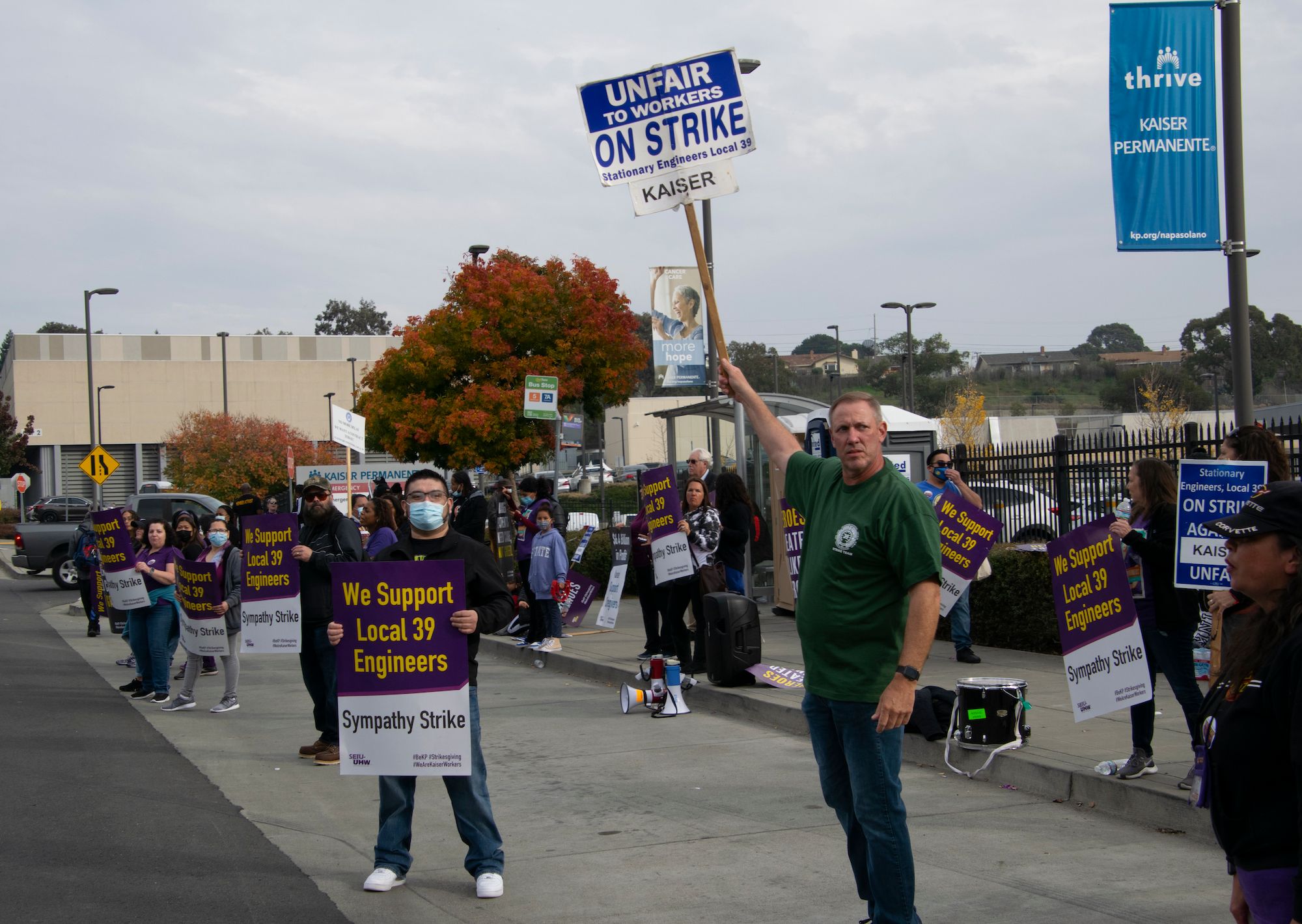 Wallace Mayfield, in green shirt, has been on strike for 62 days 