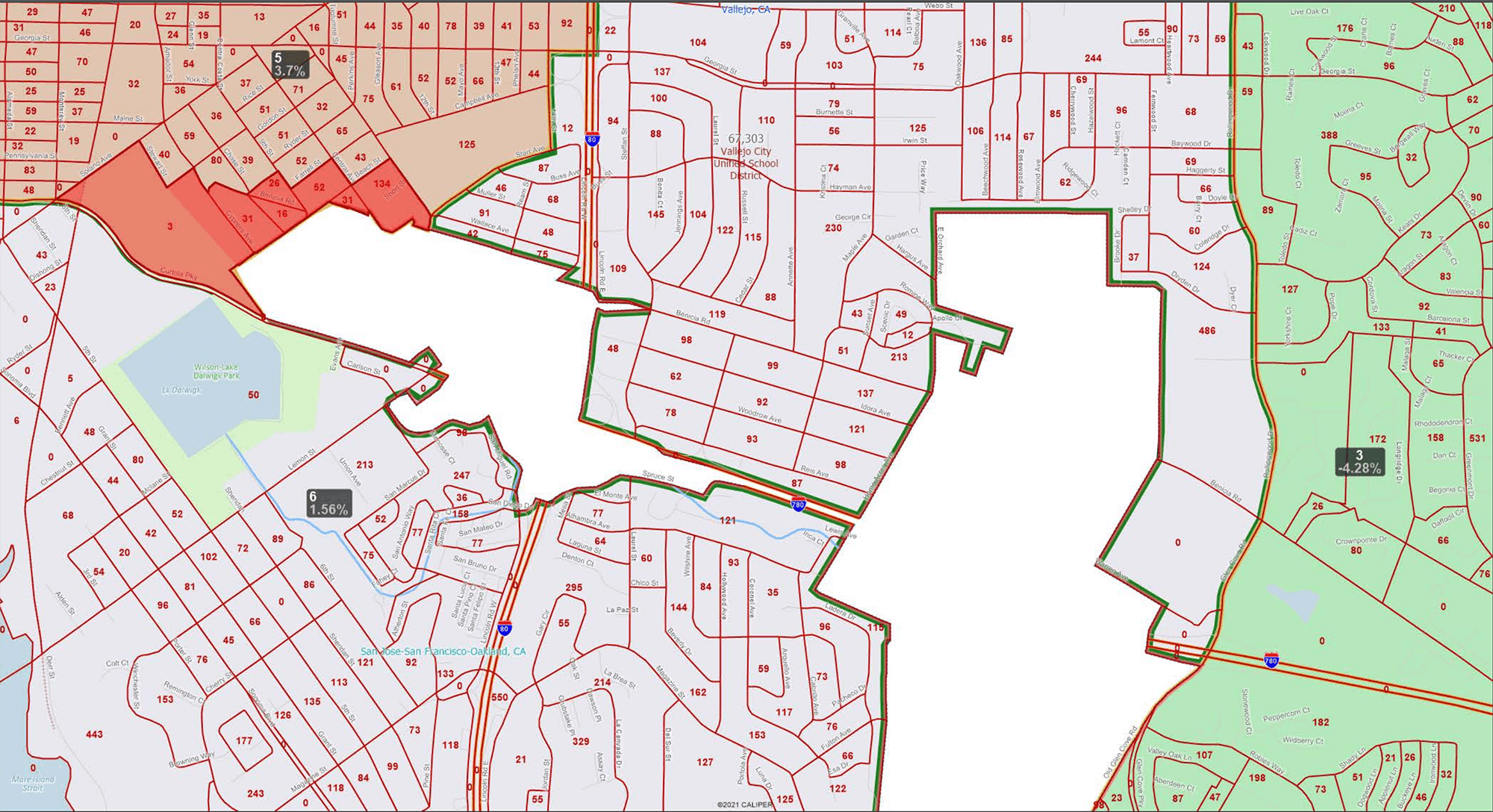 An adopted map for new district boundaries in Vallejo. 