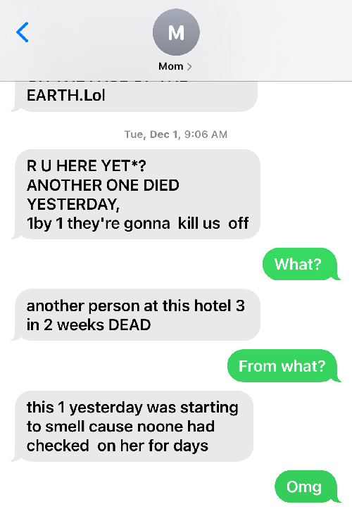 Text messages Cherie Nicoletta sent to her daughter on Dec. 1, 2020. Courtesy of Alyssa Borrilez.