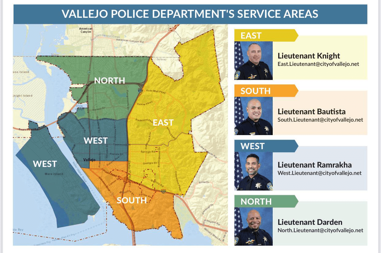 A map of new Vallejo police jurisdictions with their assigned lieutenants.