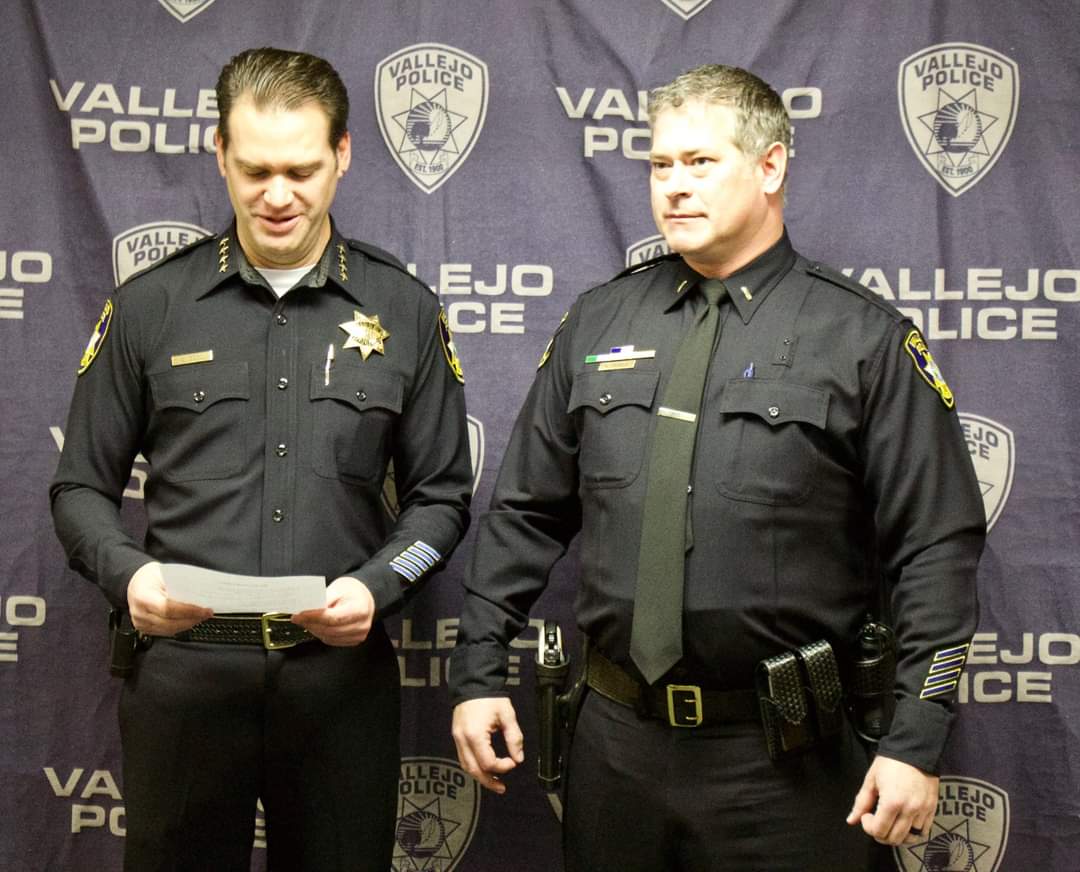 Vallejo police Chief Andrew Bidou and Lt. Kent Tribble in 2017.