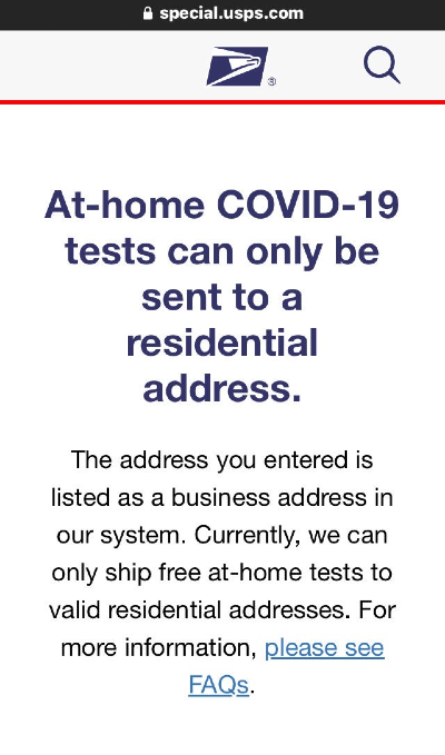 A screenshot shows the response when a Blue Oak Landing resident attempted to order free COVID tests.