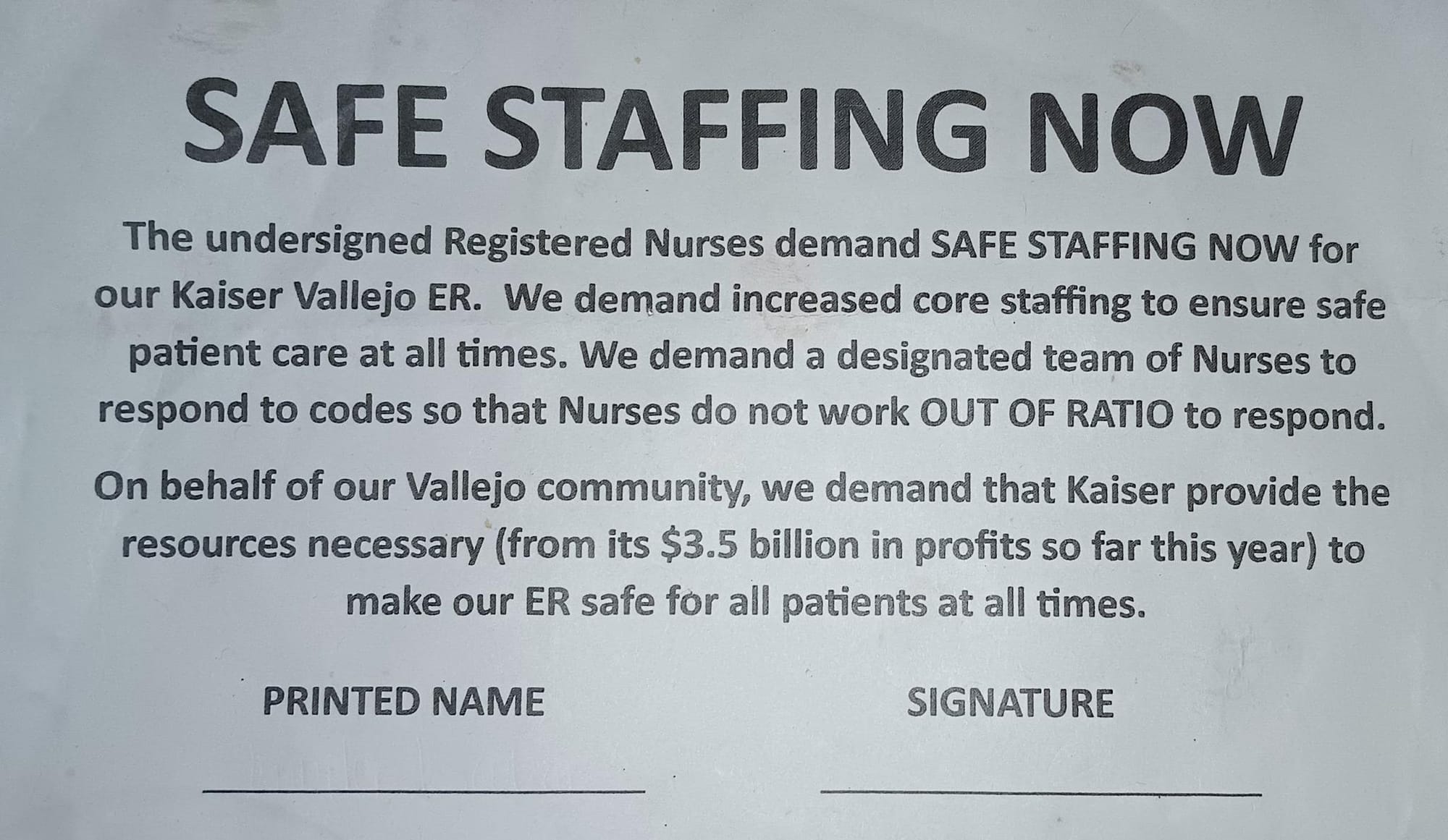 A petition circulated by Kaiser nurses three days before Francisco Delgadillo Machuca's death. Photo: Gretchen Zimmermann.