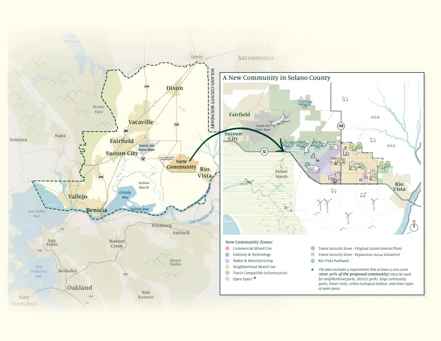 A map of California Forever's plans for. anew city between Fairfield and Rio Vista. 