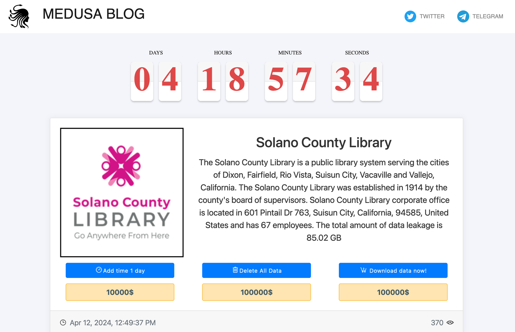 A screenshot of a dark web website that has threatened to release stolen data from the Solano County library system if a ransom is not paid by Friday.