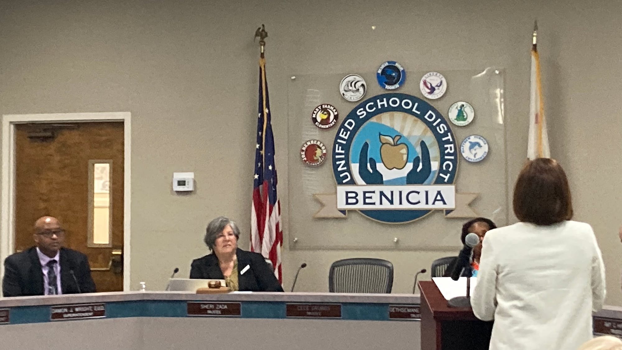 Consultant Sherri Beetz speaks to the Benicia school board on April 18.