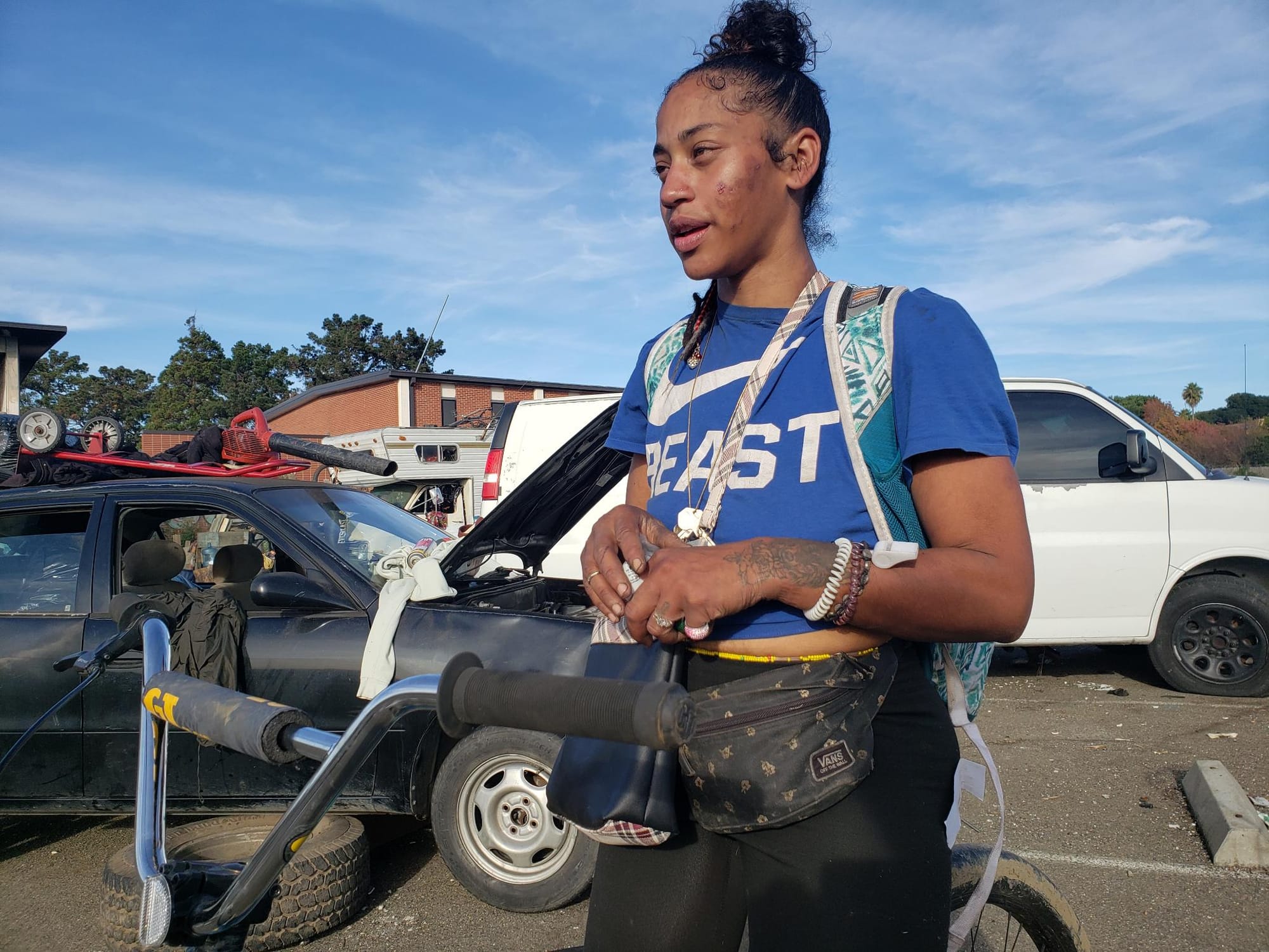 Bella W., 35, lives in one of the buildings on a shuttered U.S. Army Reserve site in Vallejo.