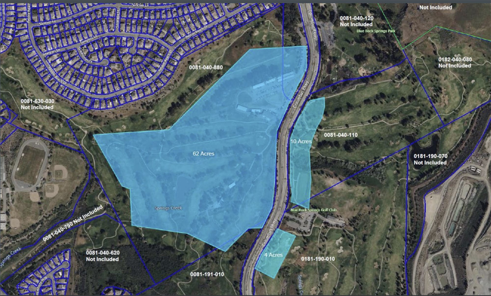 Approximately 75 acres of land at Blue Rock Springs that the city sold to a developer for a new residential and commercial development.