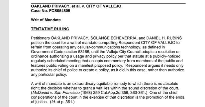 Judge issues tentative ruling blocking Vallejo's use of cell-site simulator; final decision due in 30 days